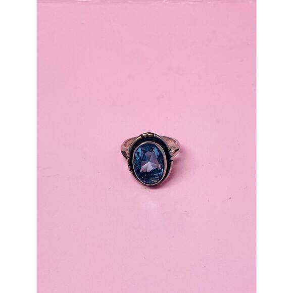 Silver Plated  Metal and Aqua Marine Blue Ring 7" Size - Picture 1 of 4